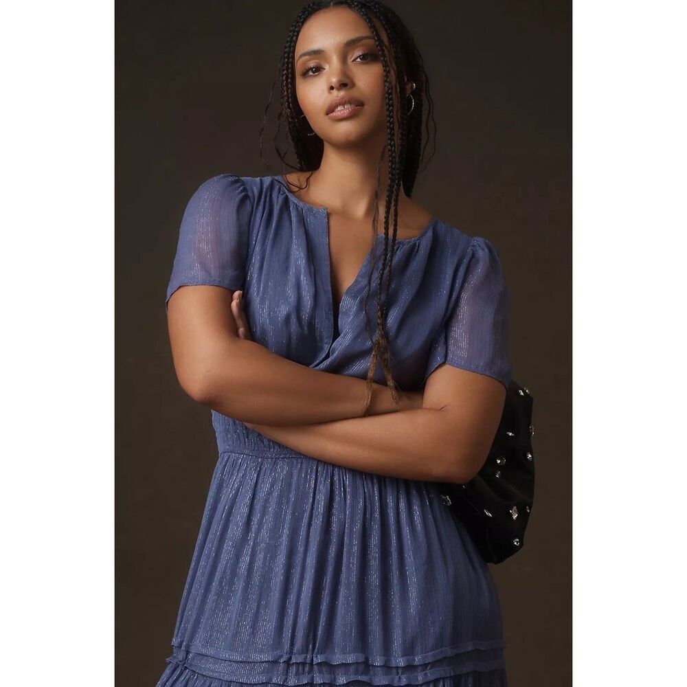 Anthropologie The Somerset Maxi Dress Lurex Edition Metallic Marin Navy L NWT - Picture 7 of 8